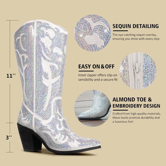 Women's White Sequin Mid Calf Tall Zipper Pointed Toe Embroidered Cowgirl Boots - Picture 5 of 6